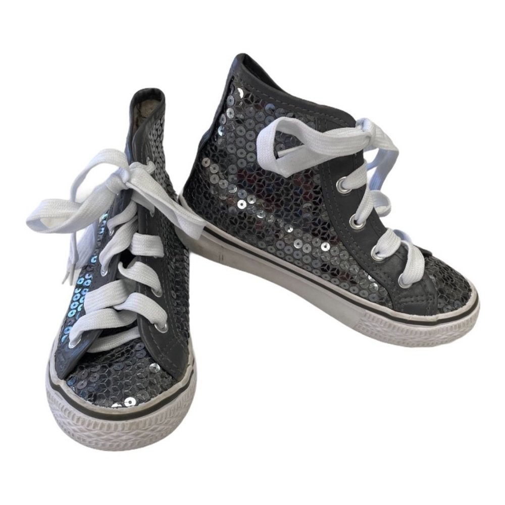 Balera Girls Sequin Sneakers Silver Canvas High Top Size 1